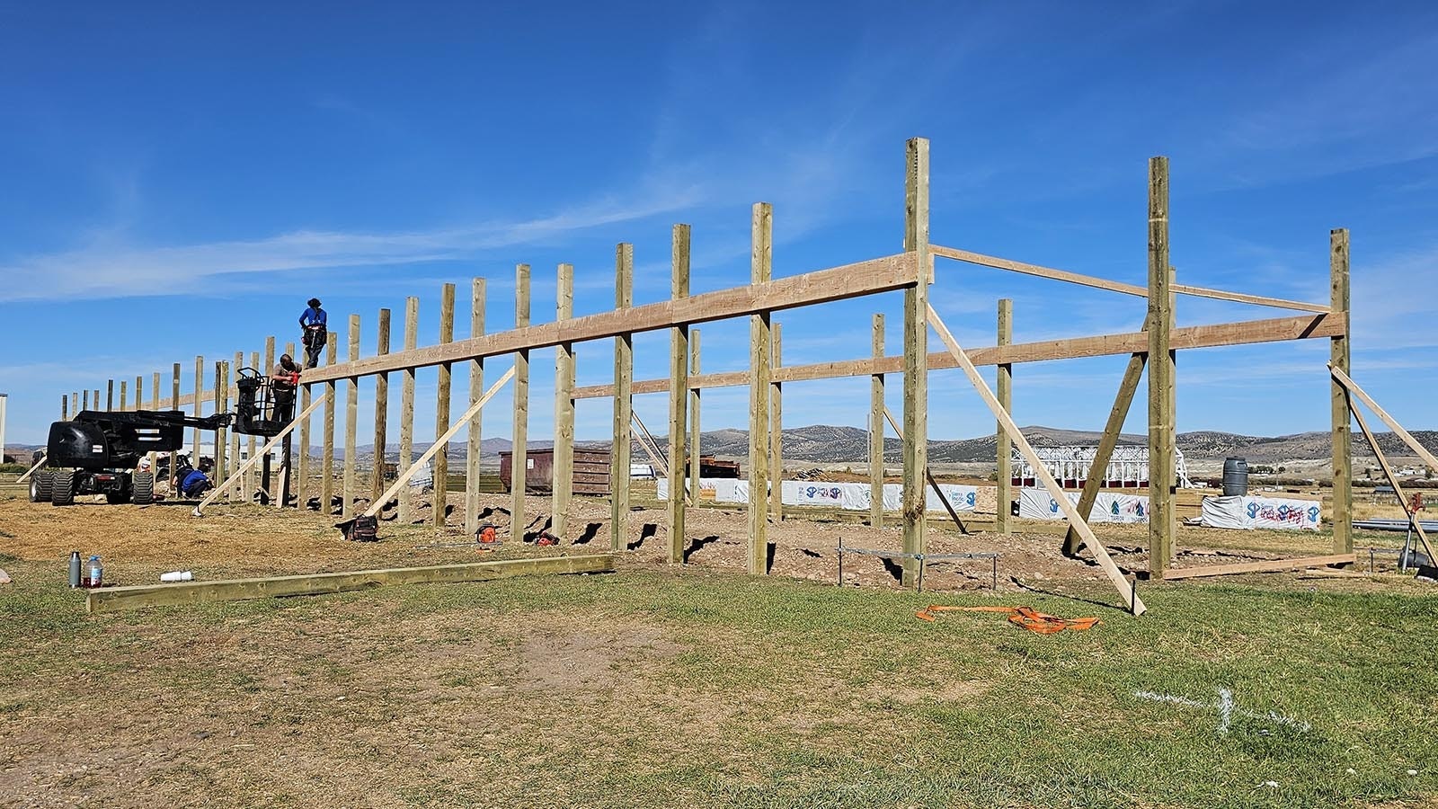 First day of work for an Amish barn-raising. Far from sticking to hand tools, though, this Amish crew is proficient with all kinds of modern equipment.