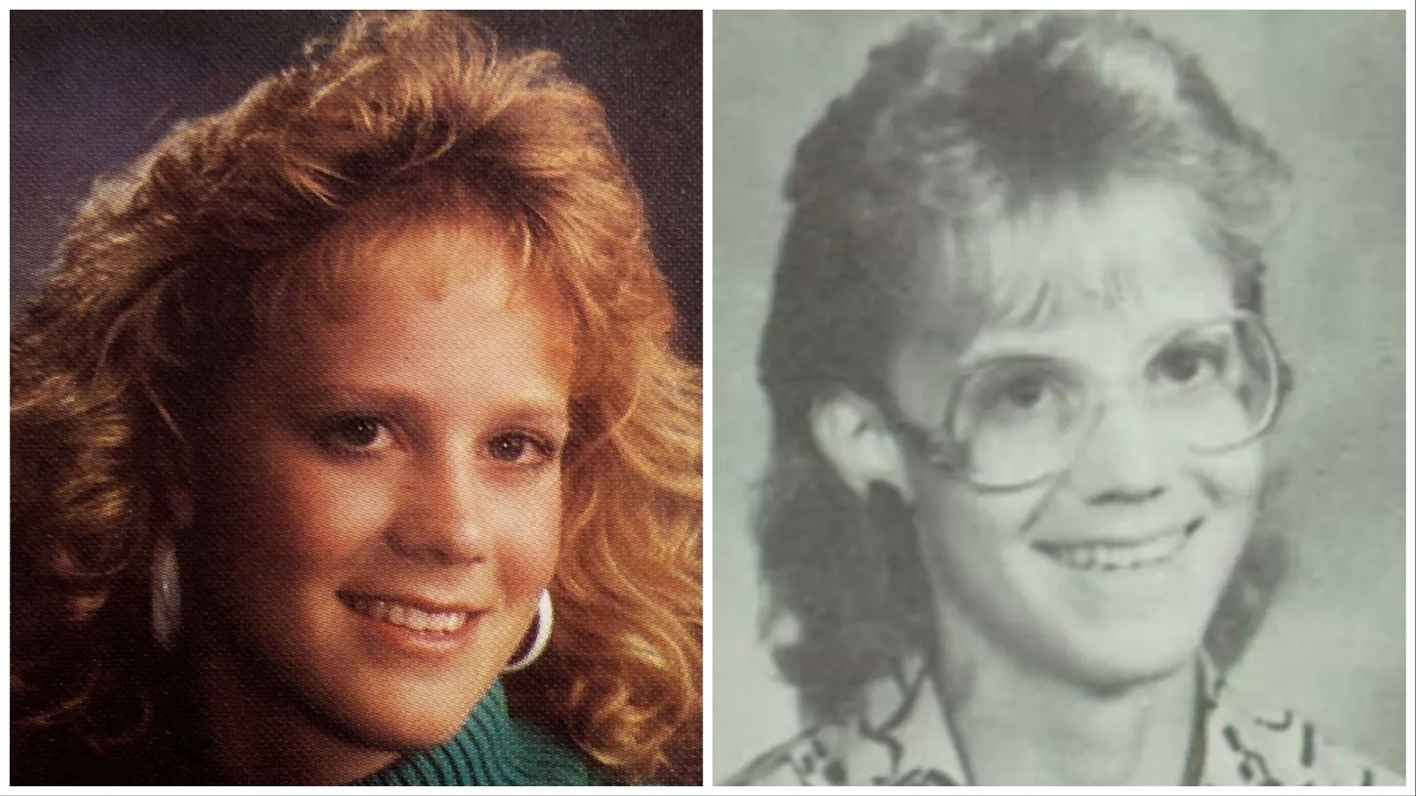 Earlier photos of Amy Wroe Bechtel, in high school, left, and in 1987.