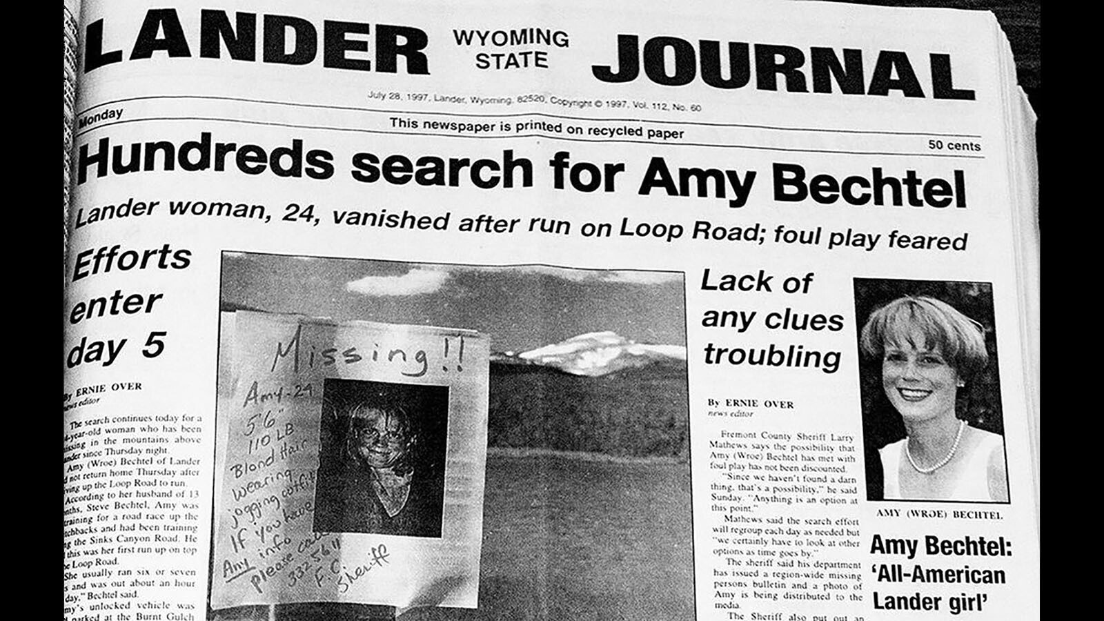 In the days after her disappearance, the search for Amy Wroe Bechtel was intense and headline news, including theJuly 28, 1997, issue of the Lander Journal.