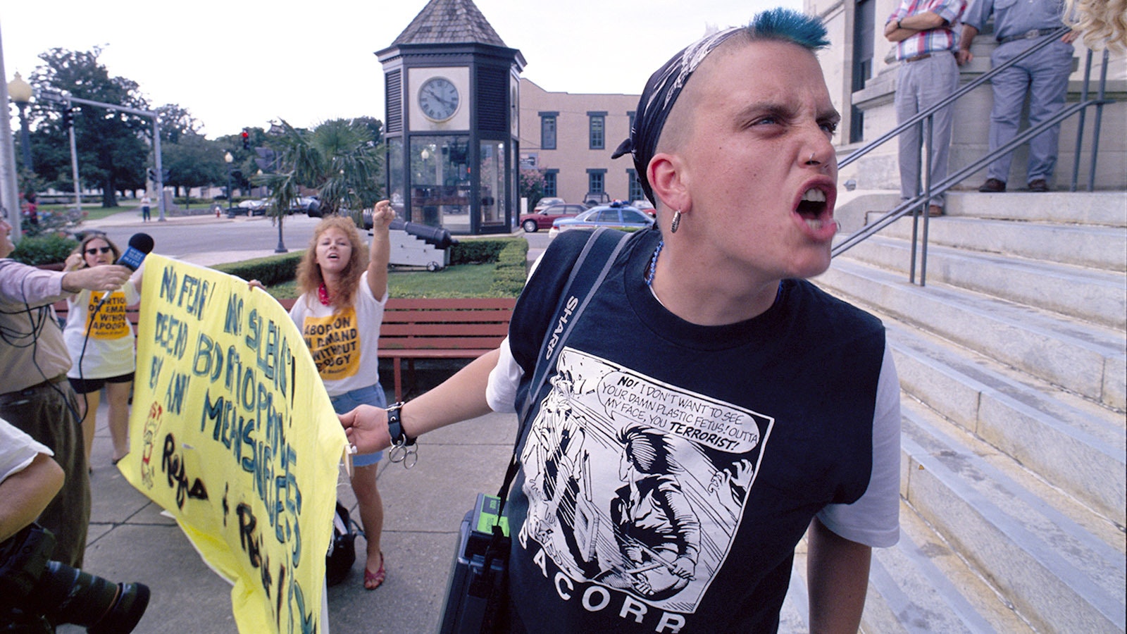 An angry and agitated abortion rights protester.