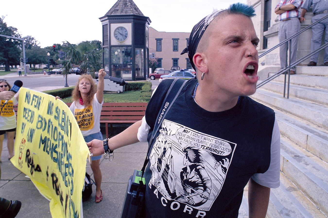 An angry and agitated abortion rights protester.