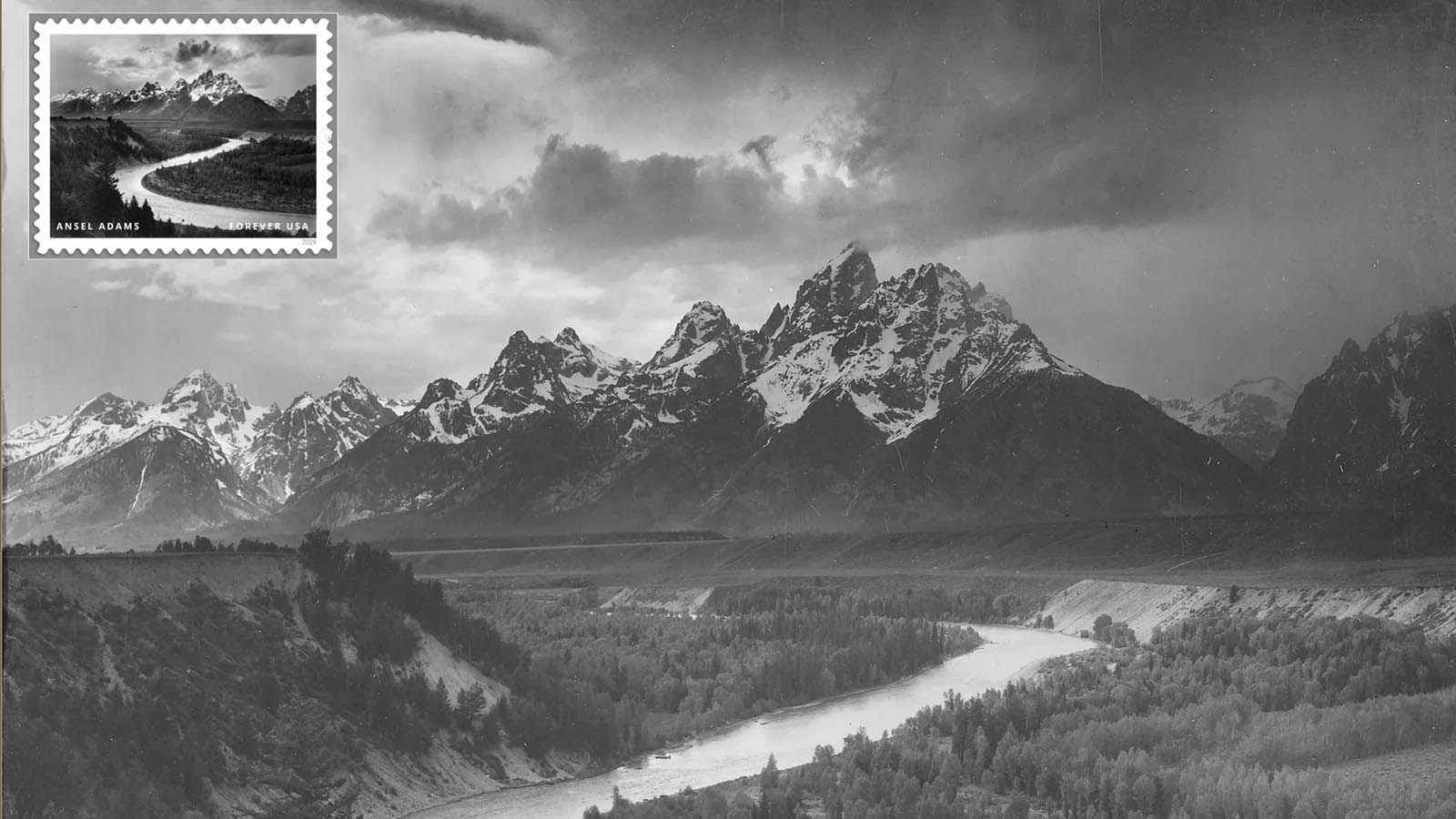 Ansel Adams' iconic image titled "The Tetons and the Snake River" with his Forever Stamp inset.