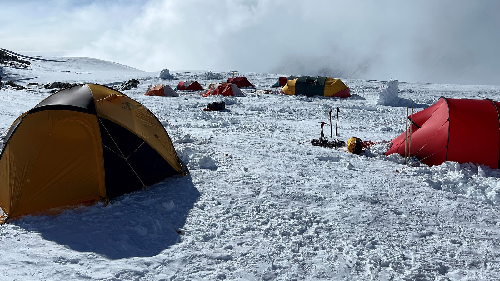 Climbers on Mount Vinson are required to be completely self-sufficient. Here is a climbers’ camp.
