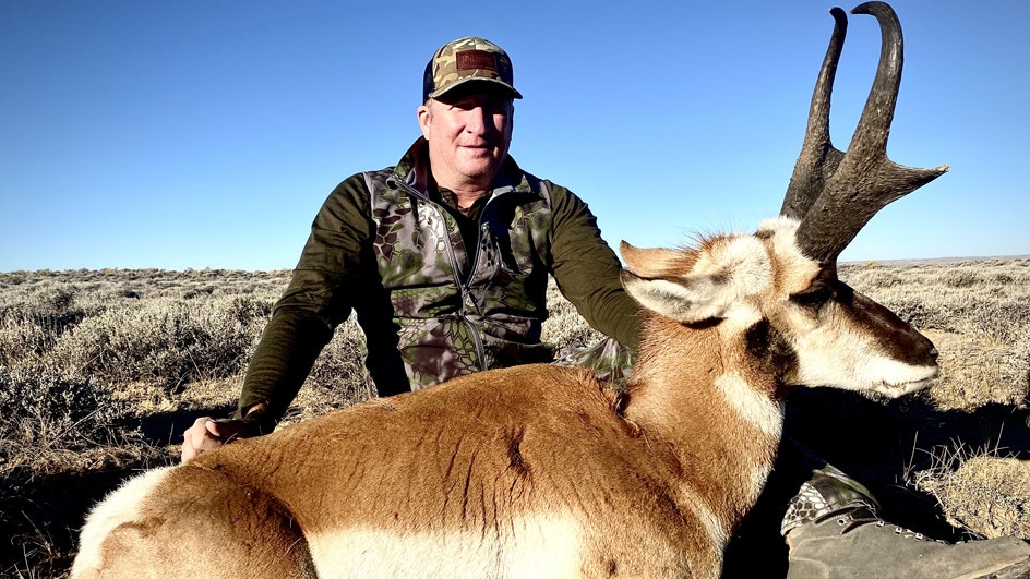 Guy Eastman of Powell dropped this Boone and Crocket record book-sized trophy antelope buck near Wamsutter last fall. The current winterkill in that area is so bad, it could be years before hunters get any more such opportunities, he said.