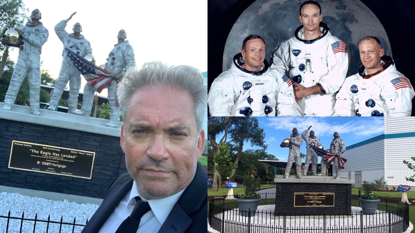 Steven Barber with the Apollo 11 monument at the Kennedy Space Center in Florida. It features the three Apollo 11 astronauts Neil Armstrong, Edwin “Buzz” Aldrin and Michael Collins.