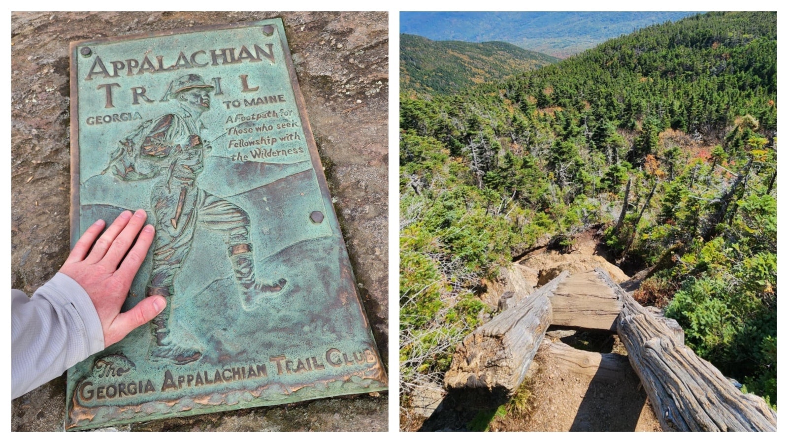 Left, the official starting point for the Northbound route of the Appalachian Trail is Springer Mountain in Georgia. Right, a view of the ladder Jordan Thorn climbed while crossing into New Hampshire.