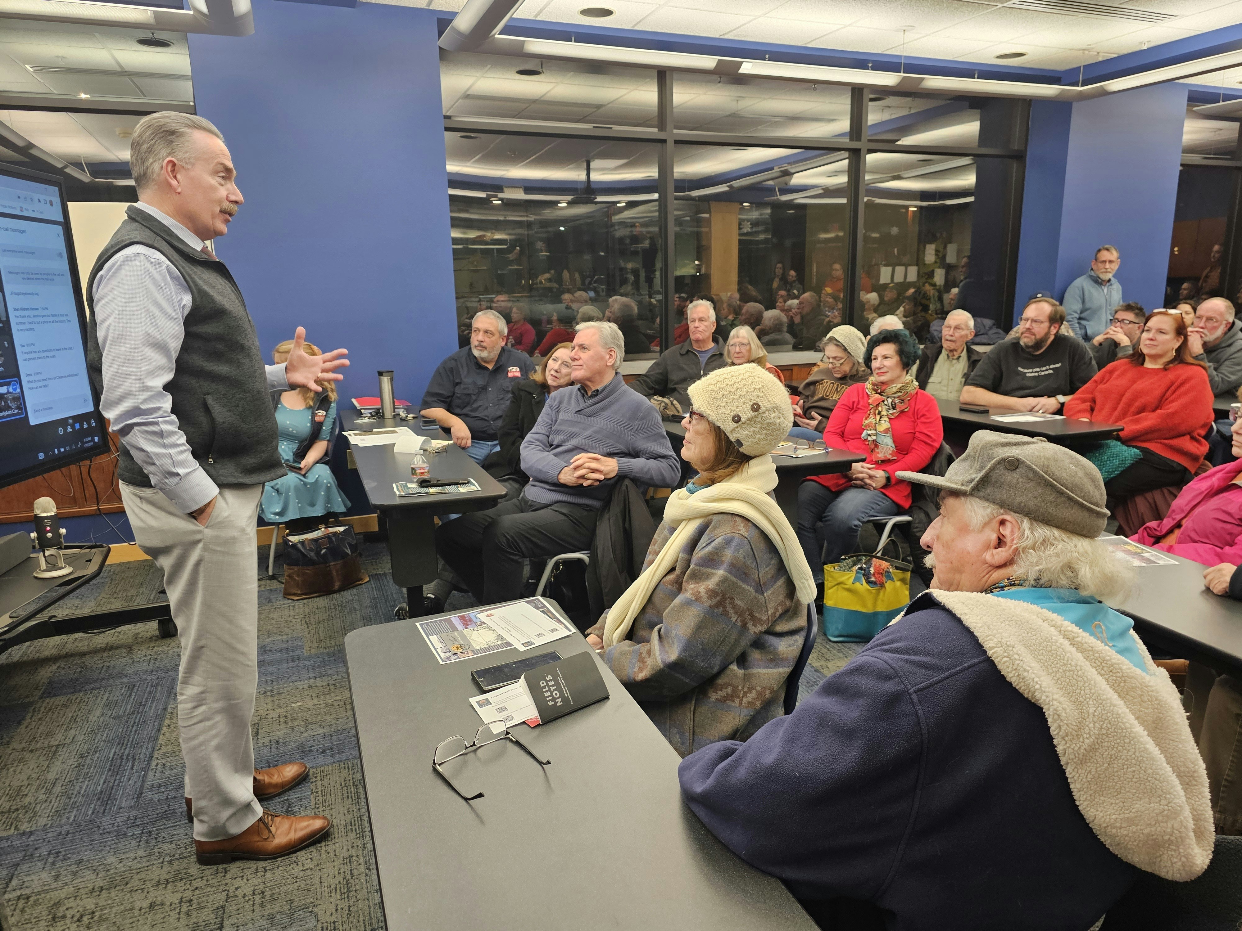 Cheyenne Mayor Patrick Collins talks about the High Plains Arboretum during a meeting at the Wyoming State Museum on Tuesday, the night before deliberations on a bill that would make the High Plains Arboretum a state historic site.