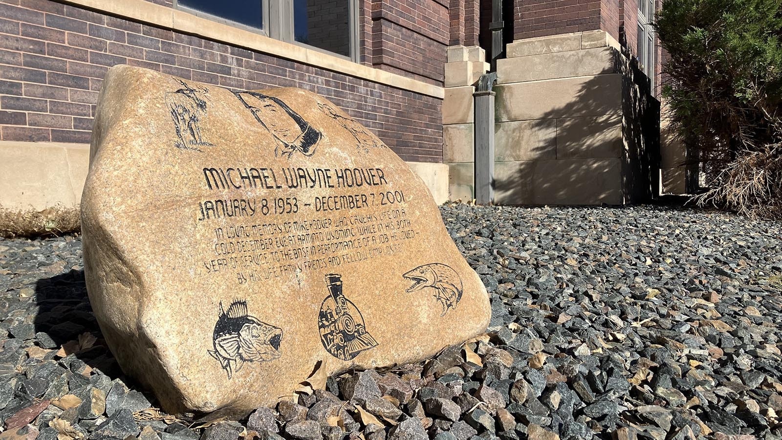 A rock outside the BNSF Railway Depot in Casper, Wyoming honors a Casper engineer who lost his life on Dec. 7, 2001, in Arminto, Wyoming.