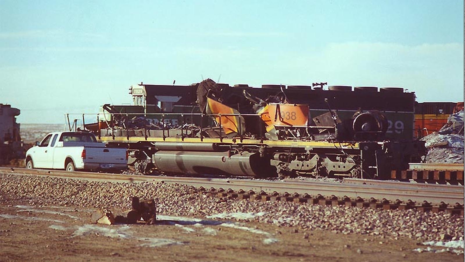 A photo of the lead locomotive that was sitting on the tracks shows almost nothing left at the Arminto, Wyoming crash.