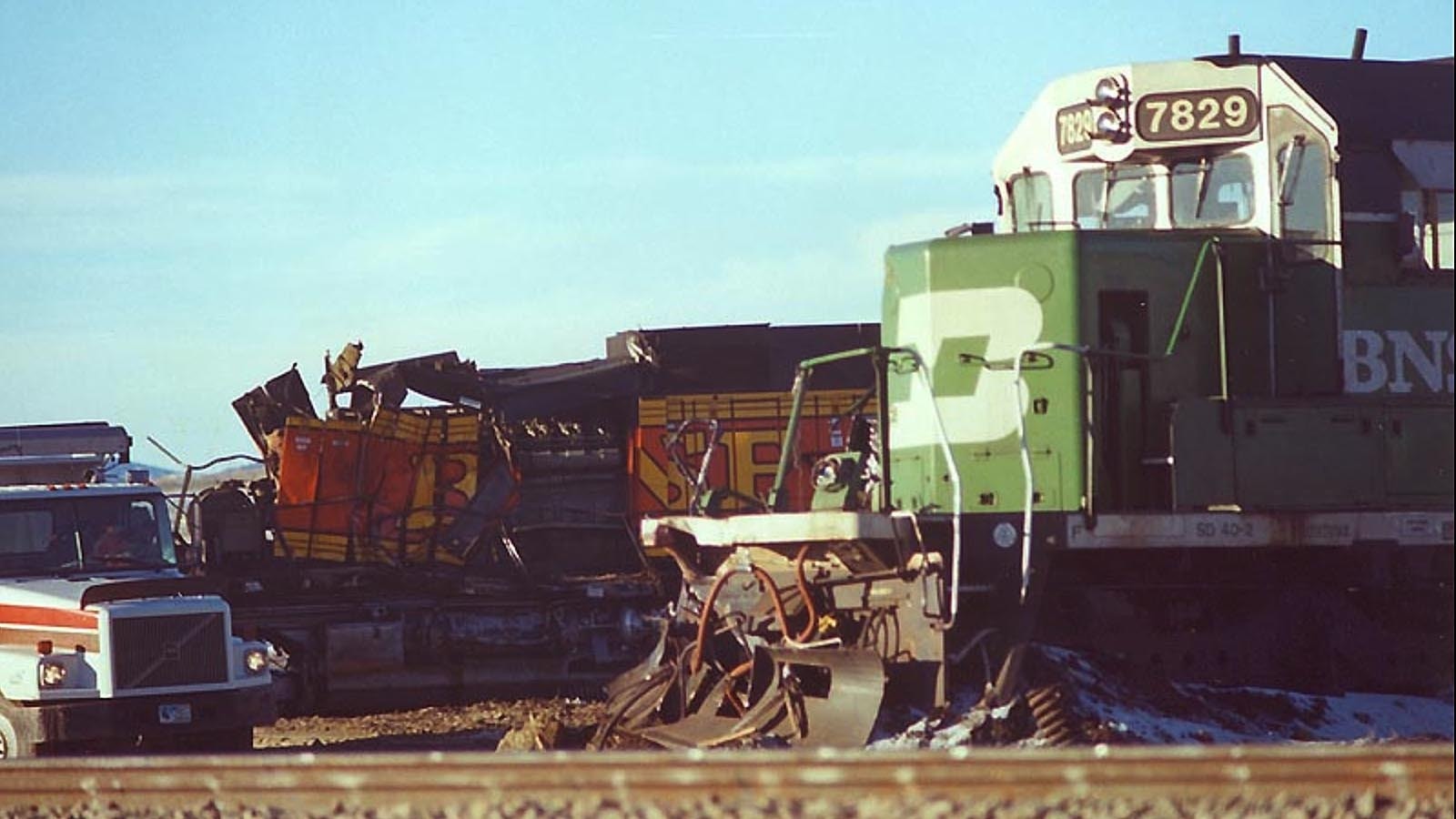 Locomotives involved in the crash are shown at the Arminto wreck.