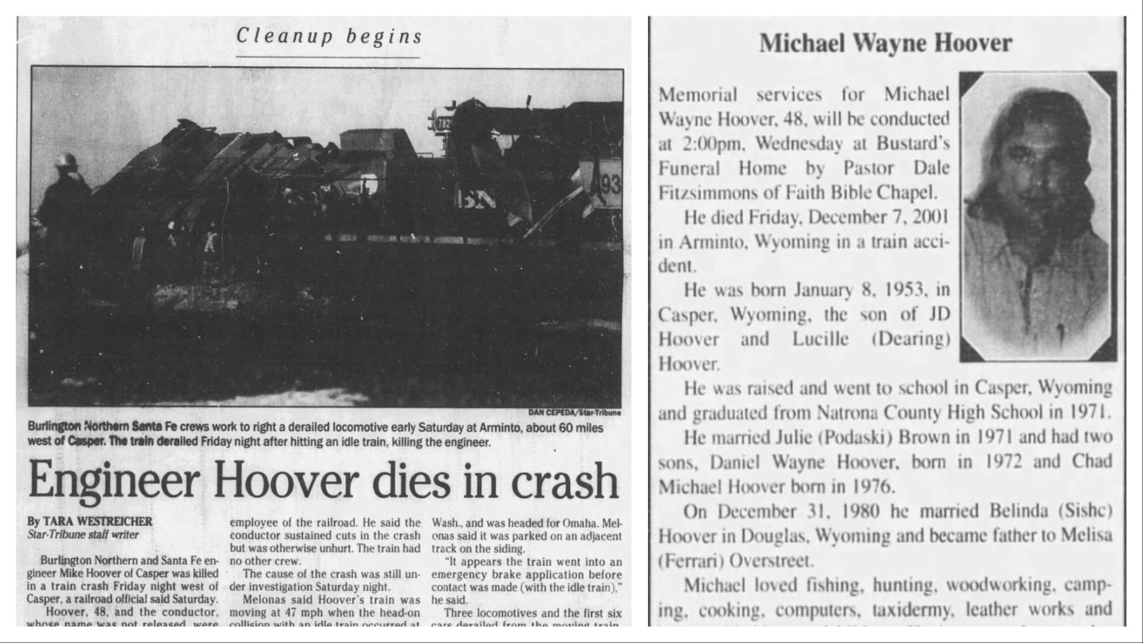 The Casper Star-Tribune had an article detailing Michael Hoover’s death on Dec. 9, 2001, two days after the crash. The obituary for Michael Hoover in the Casper Star-Tribune on Dec. 11, 2001. The funeral had to be moved from the funeral home to a local church to accommodate mourners.