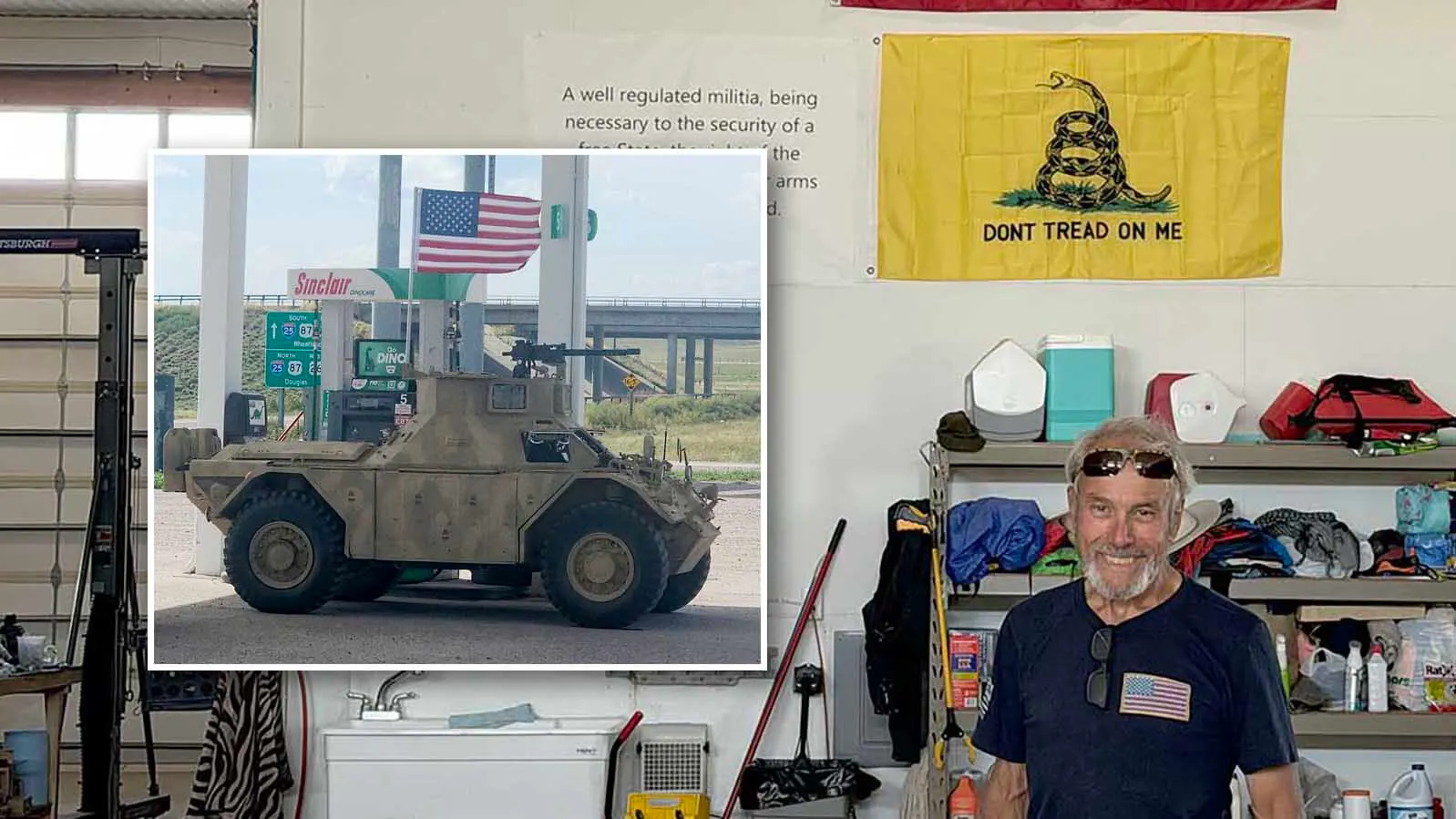 Pedro Pirado, who immigrated to the United States from Venezuela in 1989, stands inside his shop near Big Sandy Lake. Inset, he stops at a local gas station to fuel up his British Ferret armored scout vehicle.