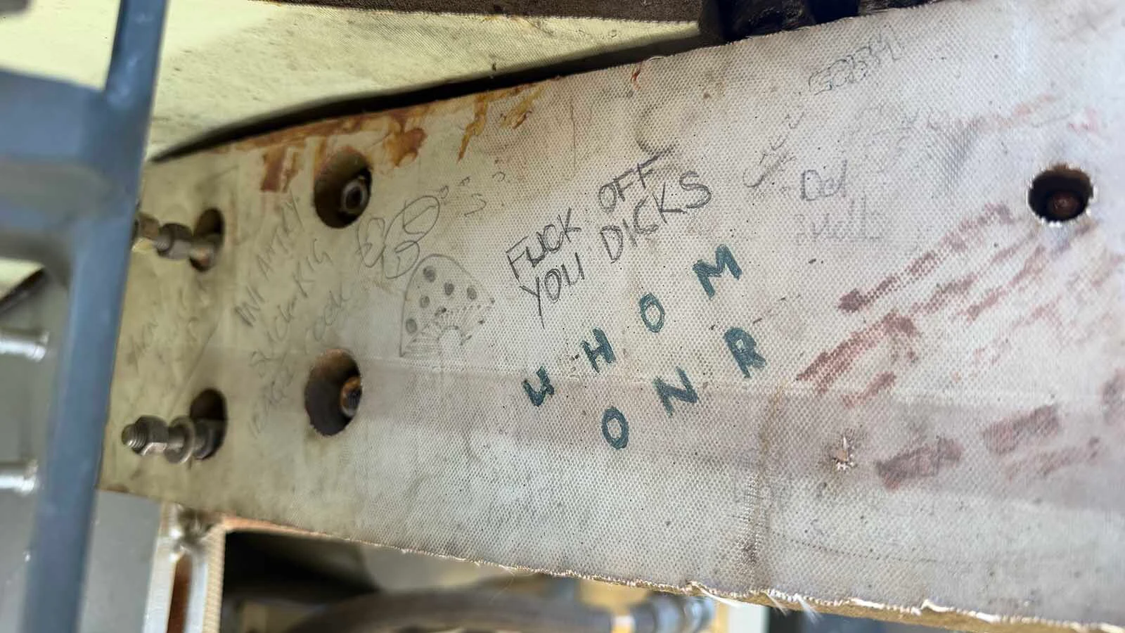Decades-old graffiti remains inside Pedro Pirado’s Spartan left by servicemen during the vehicle’s Gulf War-era service. 