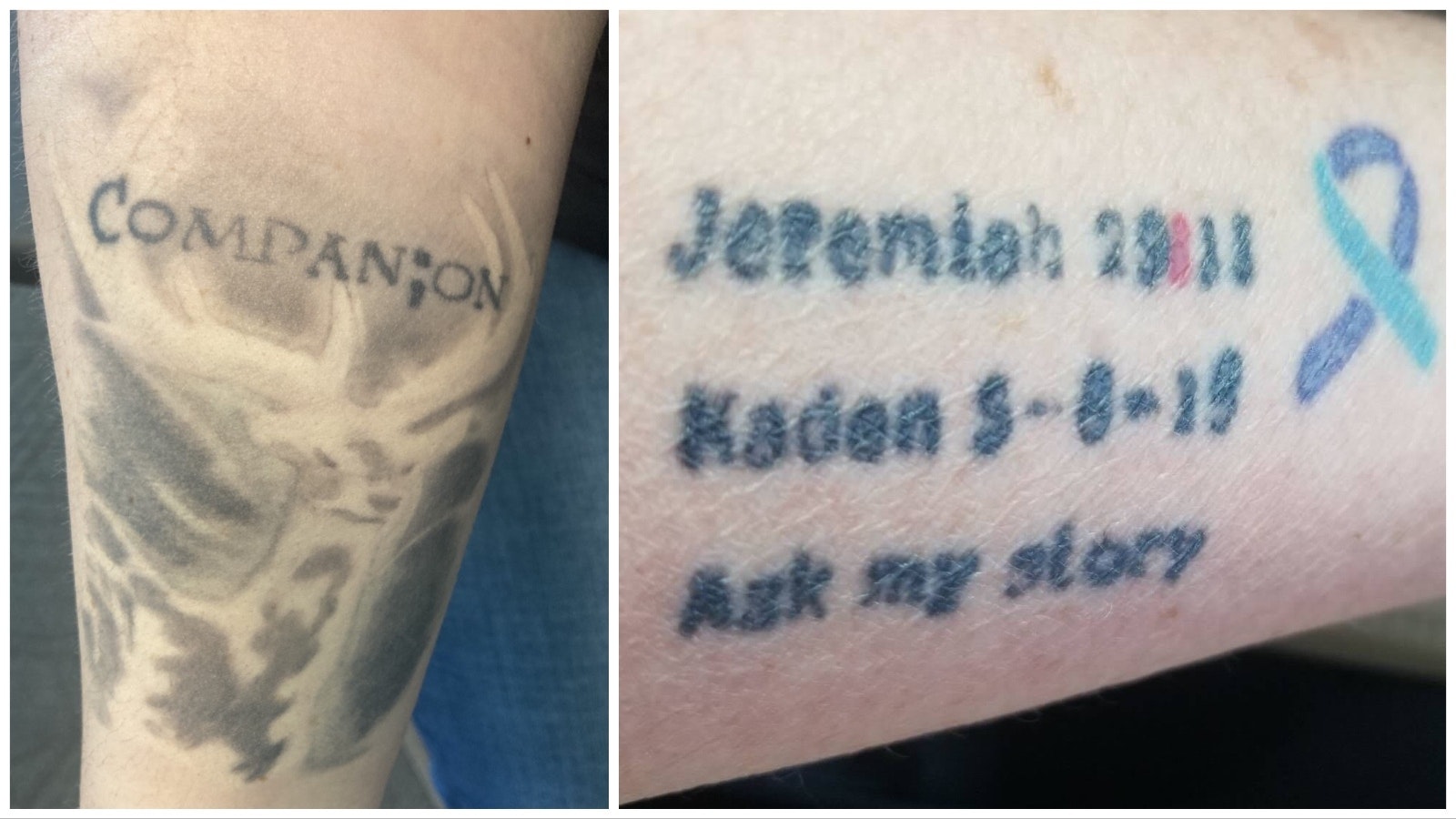Ashley Simonson, left, and her mother Trish, right, each have semicolon tattoos to remember their brother and son Kaden, who took his own life eight years ago at age 15.