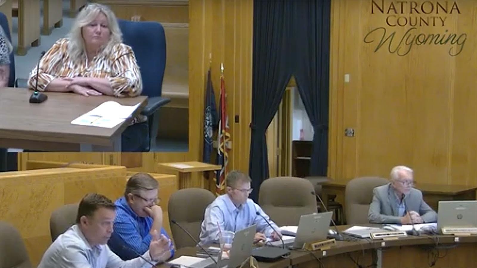 A screenshot of last week’s Natrona County Board of Commissioners work session where Commissioner Steven Freel, bottom left, asks Assessor Tammy Saulsbury a question during her appearance earlier this week. She told commissioners that people are getting more hostile toward her staff when doing their jobs.