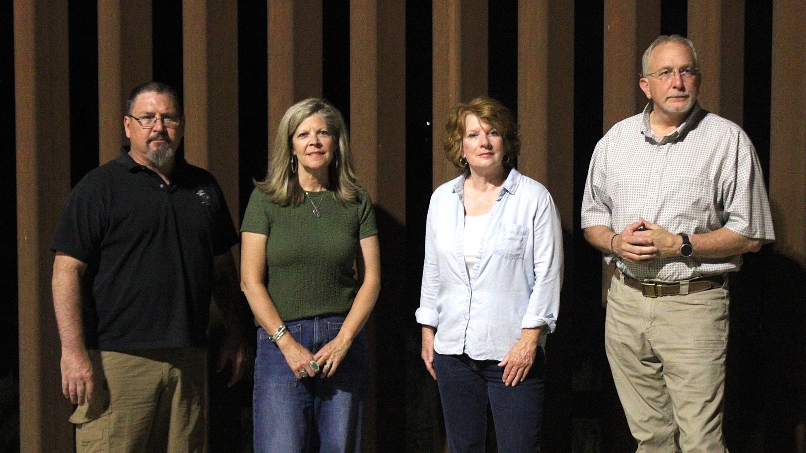 Rep. Tony Niemec, R-Green River, from left, Sen. Stacy Jones, R-Rock Springs, Senate District 6 candidate Kim Withers and Rep. Jon Conrad, R-Mountain View, stand at the southern border early Friday morning.