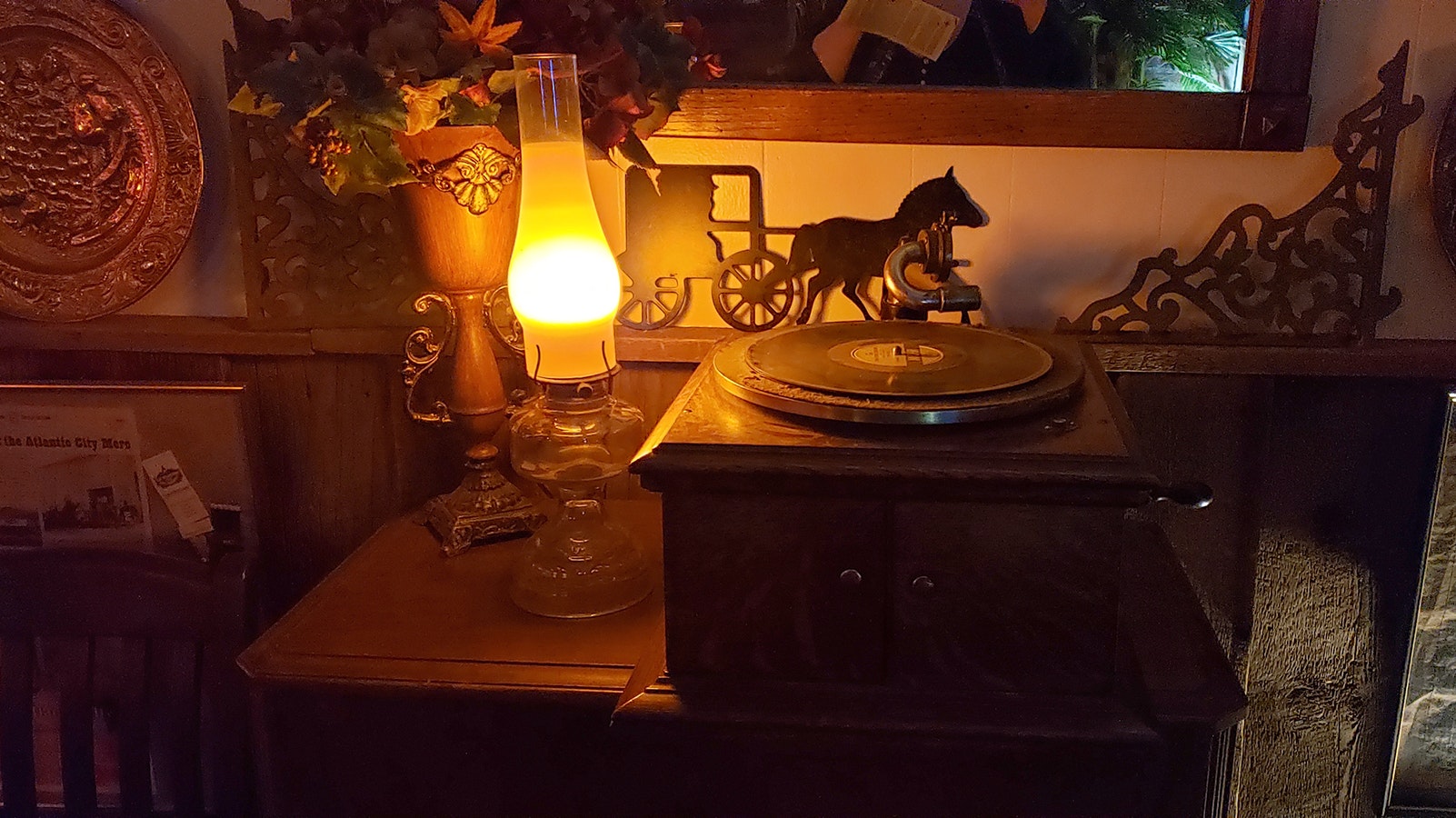 An old victrola is among the many antiques in the restaurant.
