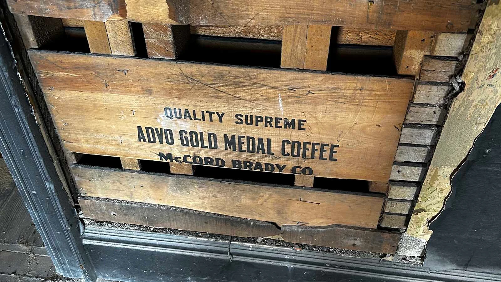 Some of the boards used at the Atlas included these old packing crate boards for Advo Gold Medal Coffee.
