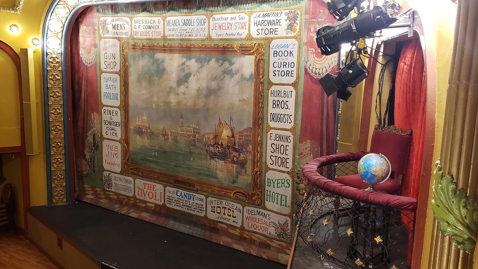 The vintage 1907-08 asbestos curtain was restored when Cheyenne's Capitol dome was restored by the same team. It cost $30,000 to restore. The scene is from Venice and the businesses around it were sponsors of the time. Of them, only the Tivoli still survives.