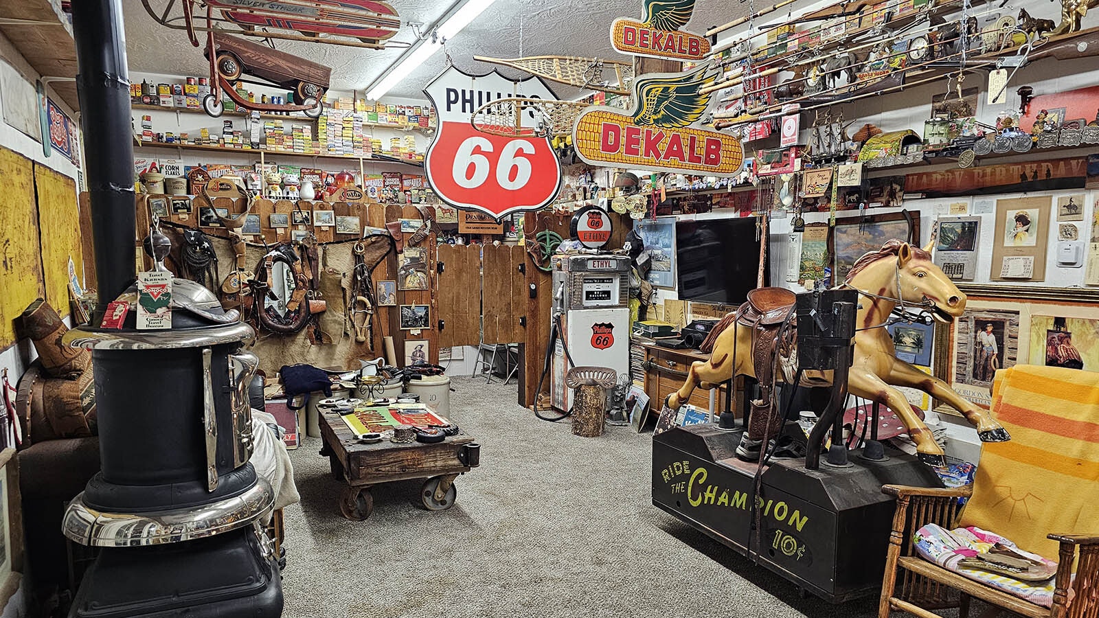 Dave Stephens has set up one part of what could have been a four-car garage with all the memorabilia he's collected over a lifetime of collecting and being an auctioneer in the Sublette County area.