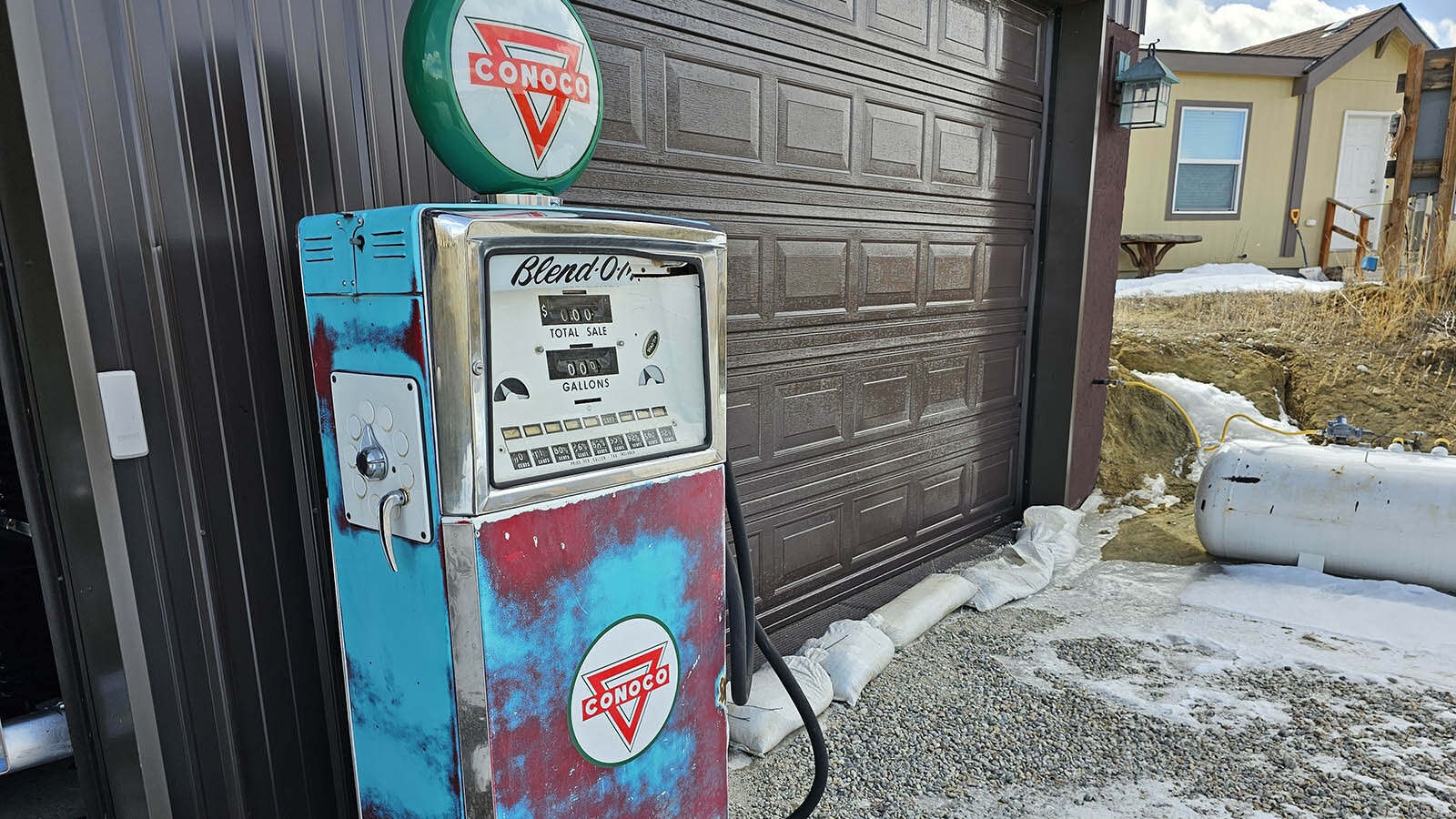 Another old gas pump, which still lights up at night.