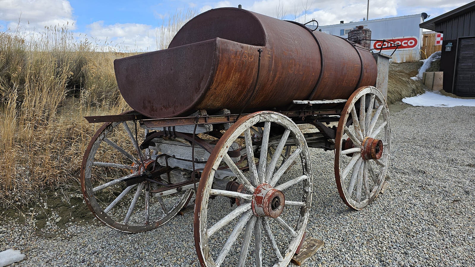 This is one of the earliest examples of a fuel wagon. It was pulled by horses.