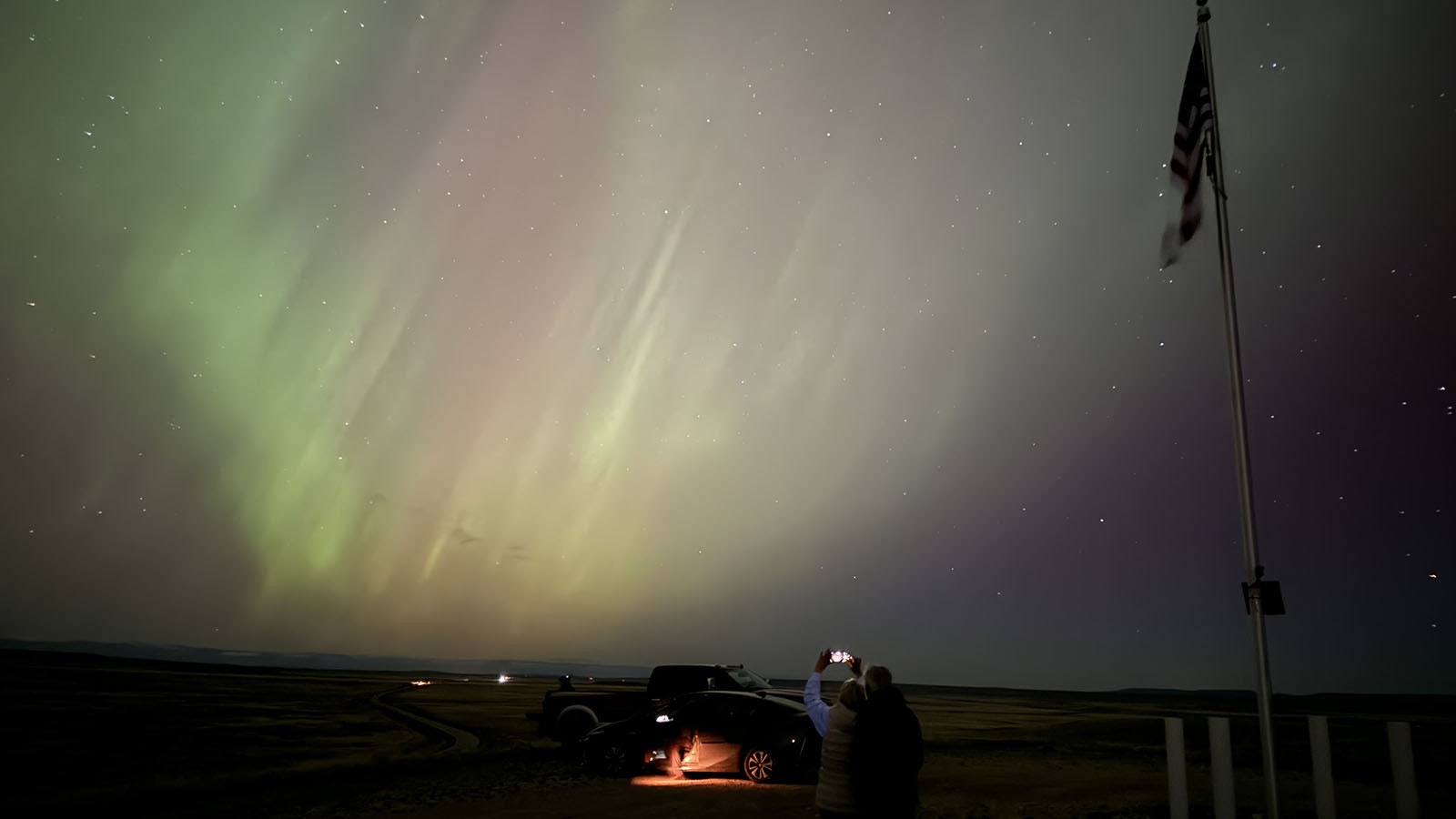 The May 10 aurora seen from Eagle Pass South between Cody and Greybull. The aurora was created by the convergence of five chronal mass ejections from a massive sunspot, which will be turned toward Earth again in early June.