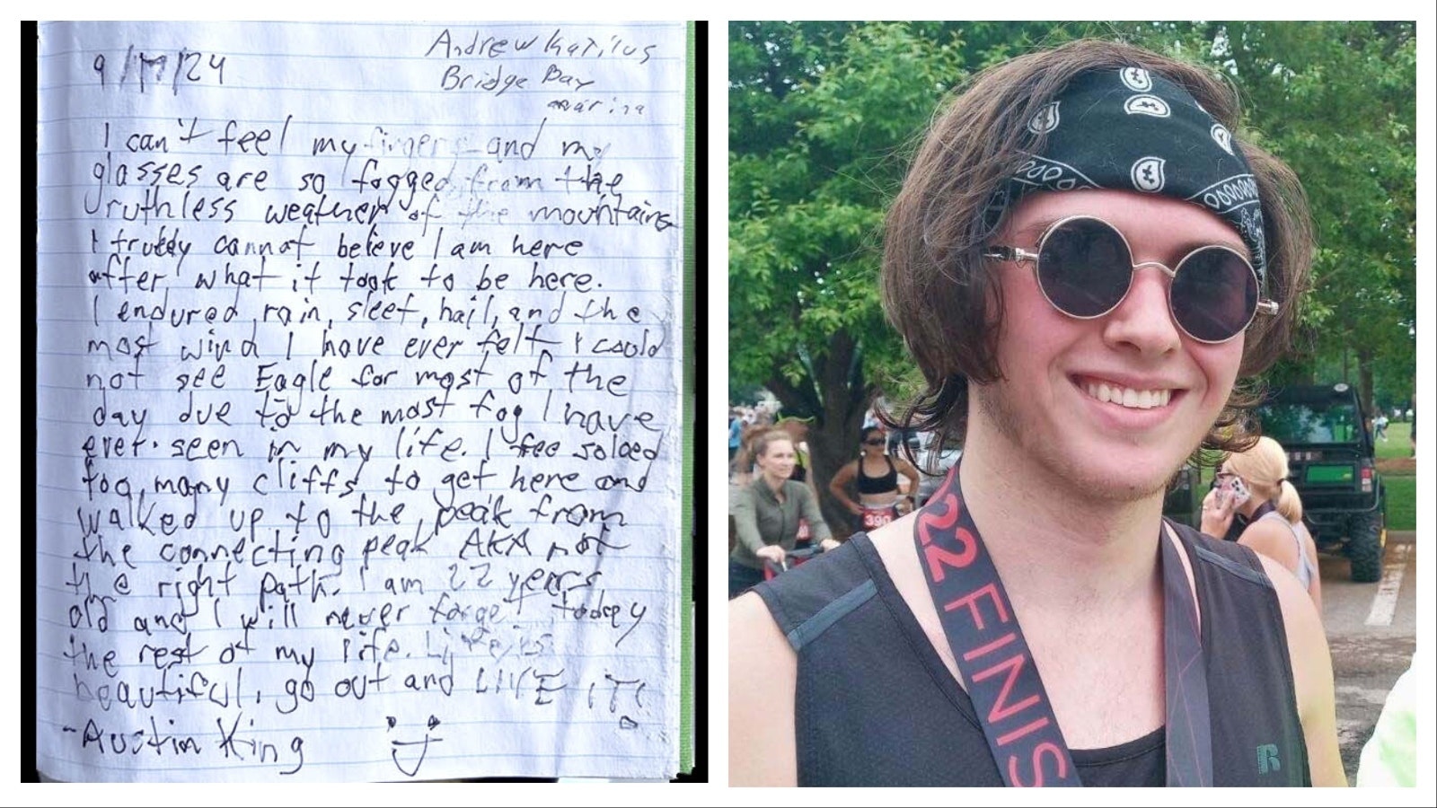 This handwritten note was left at the registry at the summit of Eagle Peak on Sept. 17 by Austin King. He's been missing since.