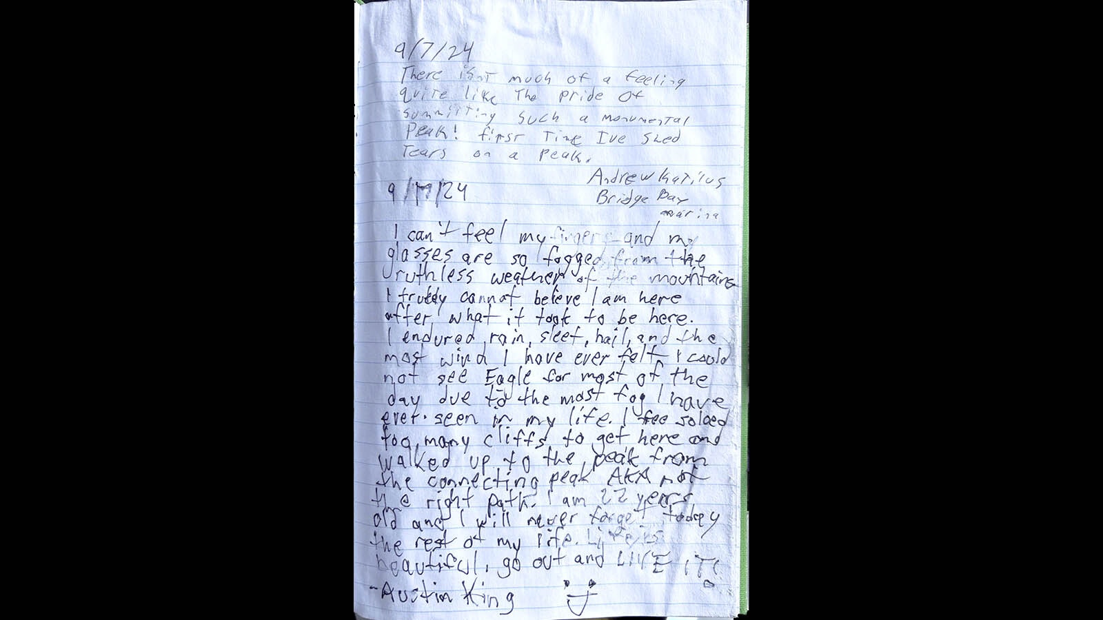 This handwritten note was left at the registry at the summit of Eagle Peak on Sept. 17 by Austin King. He's been missing since.