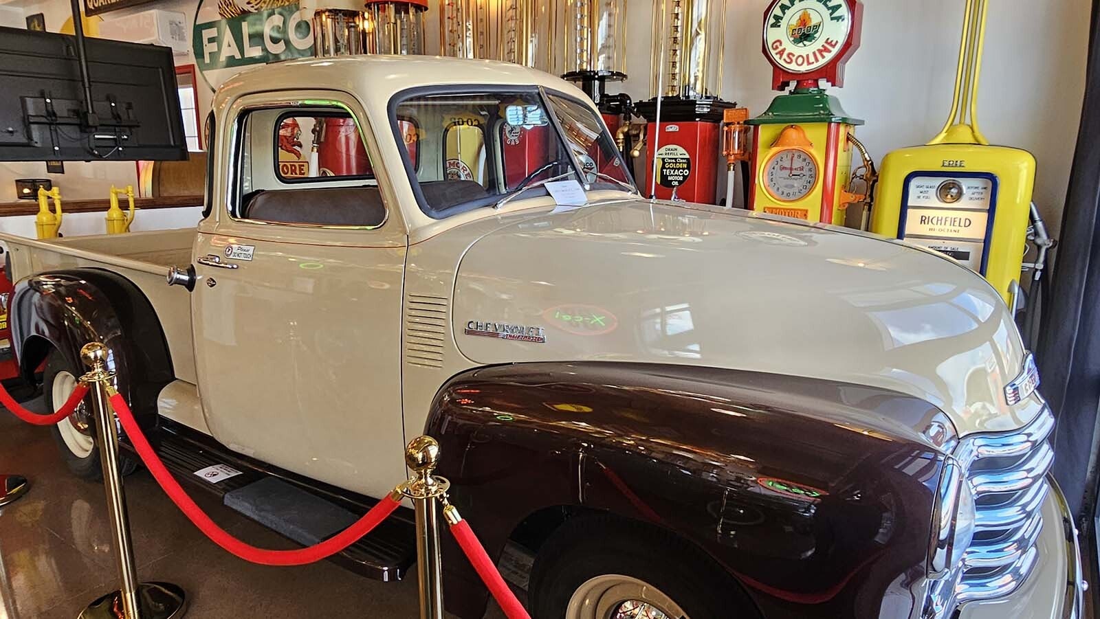 This 1949 Chevy is one of two vintage automobiles on display inside a vintage automobile-themed Airbnb recently completed by Frontier Auto Museum.