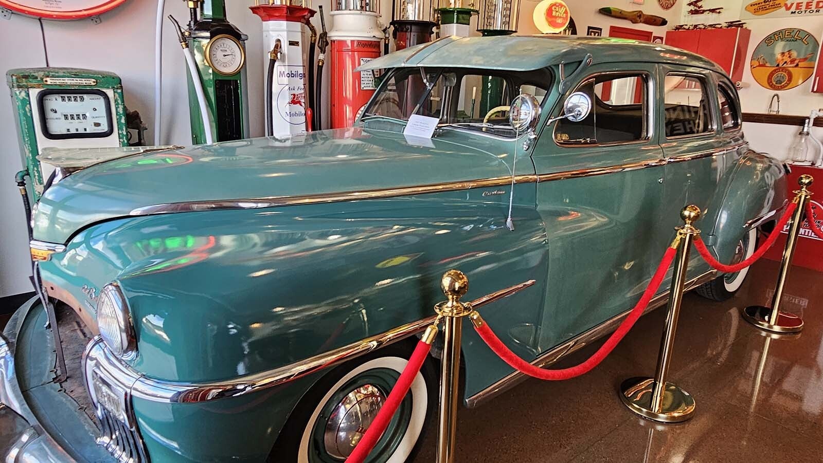 The frontside of the vintage DeSoto,  a survivor car that has never been restored. It's one of two vintage cars inside a vintage automobile-themed Airbnb recently completed by Frontier Auto Museum.