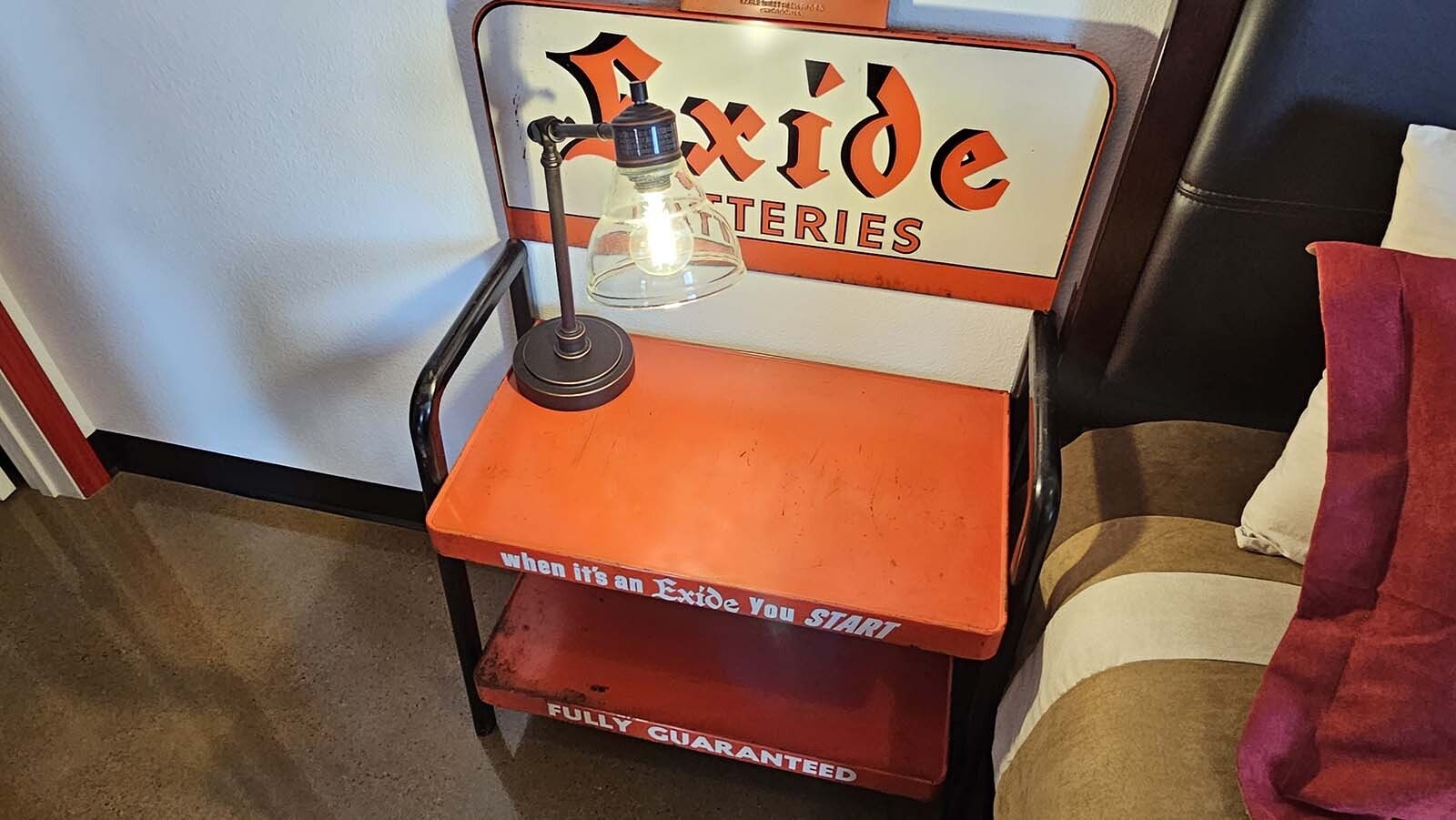The bedside table at  a  vintage automobile-themed Airbnb recently completed by Jeff Wandler, who owns Frontier Auto Museum in Gillette.