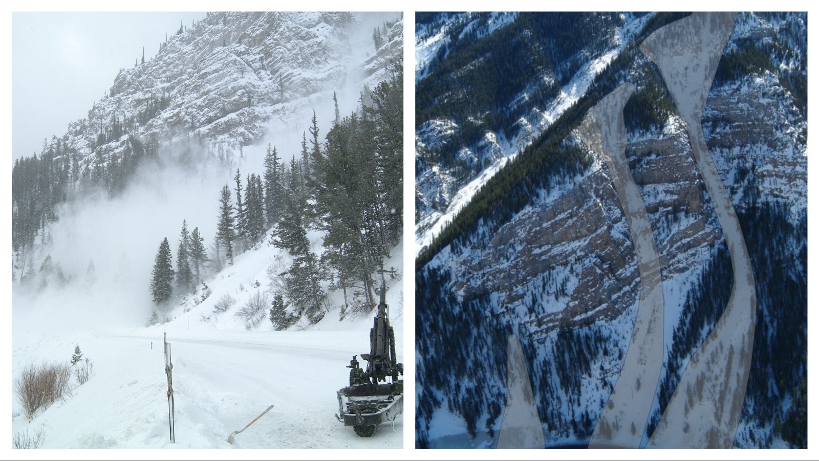 The infamous Hoback Canyon, where the Cow and Calf of the Woods avalanche chutes spill danger onto the highway below.