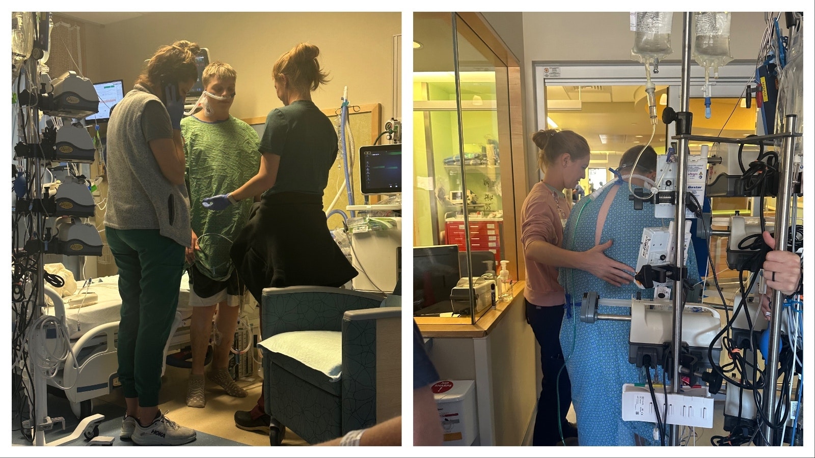 Four days after getting a new heart, Ayden Skillman stands to get ready for his first walk with a new heart, left. At right, he takes that first walk.