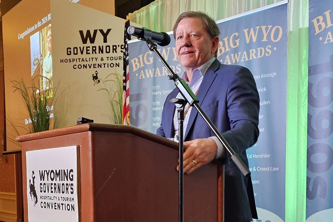 Jim Waldrop is almost speechless for a few moments at the podium after winning the 2024 BIG WYO Award.