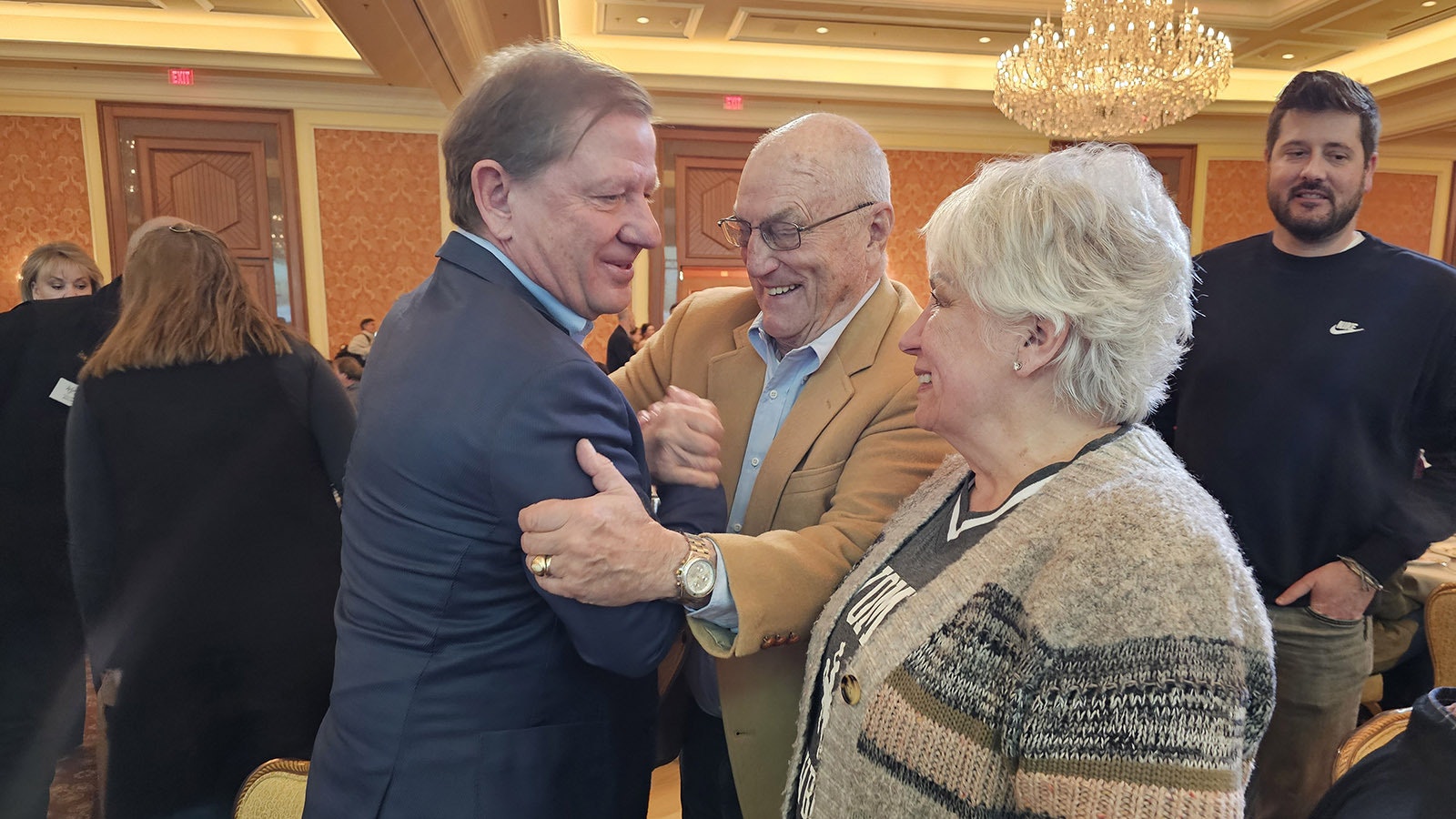 Jim Waldrop is congratulated for winning the 2024 BIG WYO Award by people attending the annual Wyoming Governor's Hospitality and Tourism Conference.