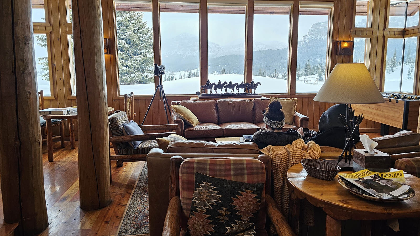 The lodge has many cozy nooks to sit and look outside at the view, just like a real snow globe.