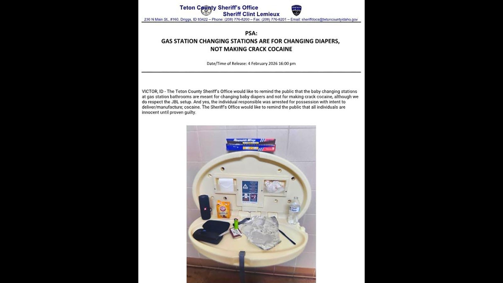 A makeshift crack-cooking station on a baby changing table at a gas station prompted a Wednesday warning from the Teton County, Idaho, Sheriff’s Office. Even a Cheyenne gas station worker said that “there’s no way I’d ever put my baby on one of those.”