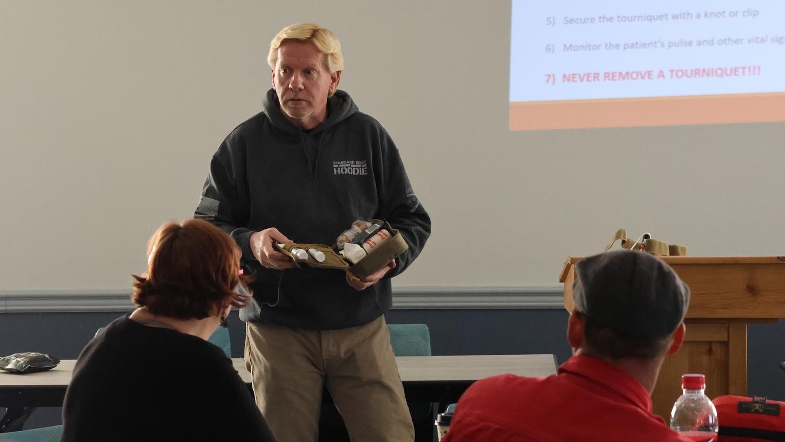 Instructor Dave Guidi, and EMT for 20 years, showed participants his own first-aid kit and encouraged them to think about what they can realistically carry every day in order to be ready for an emergency.