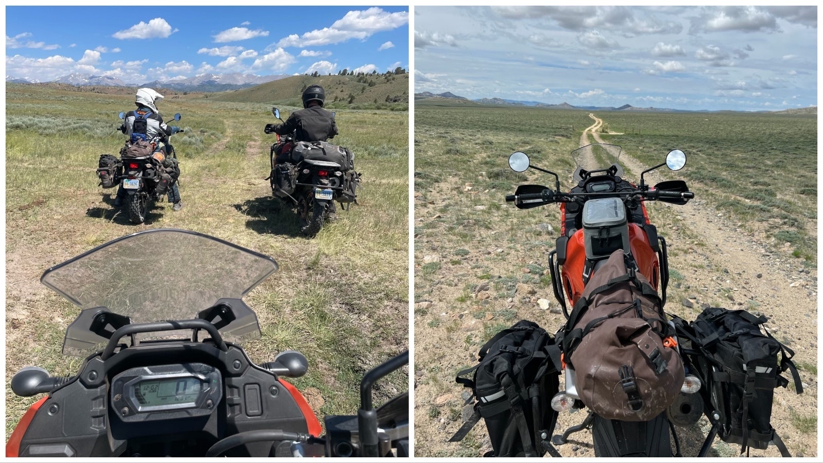 Riders on the Wyoming Backcountry Discovery Route, left, and a fully equipped Kawasaki KLR on the Wyoming Backcountry Discovery Route, right.