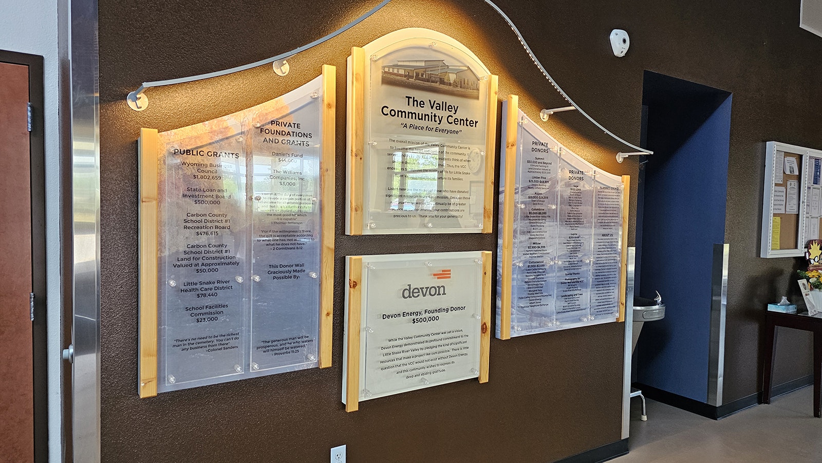 The donor wall at Valley Community Center  lists donors and tells a little of the story of how the $2.3 million center was built in the tiny town of Baggs.