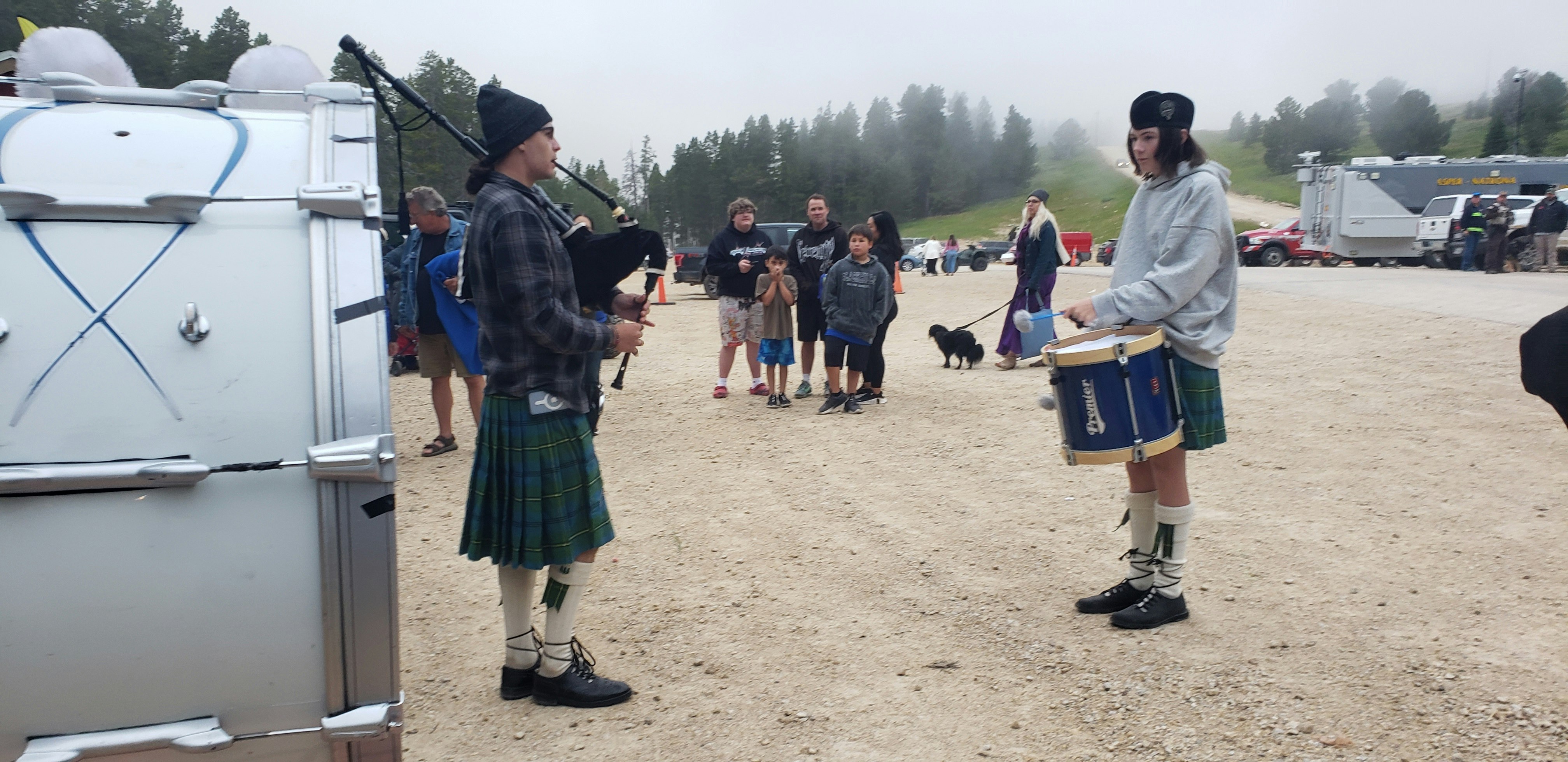 An impromptu jam session between a couple members of the Lander Pipe Band quickly attracted a crowd.