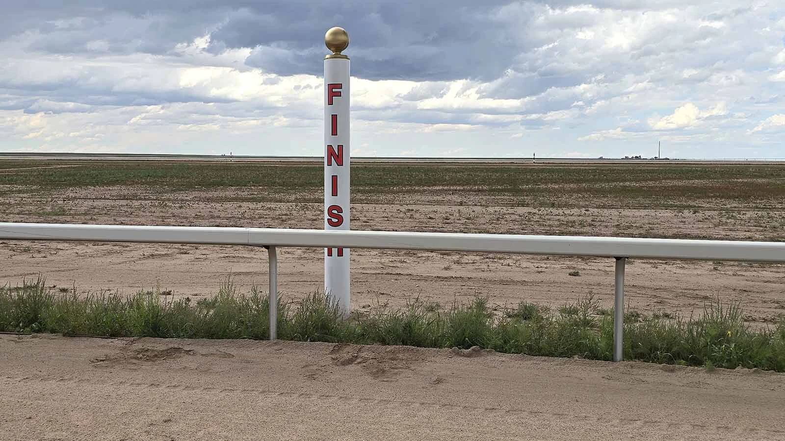 The finish line is in place for what will be Wyoming's first 1-mile, horse racetrack.
