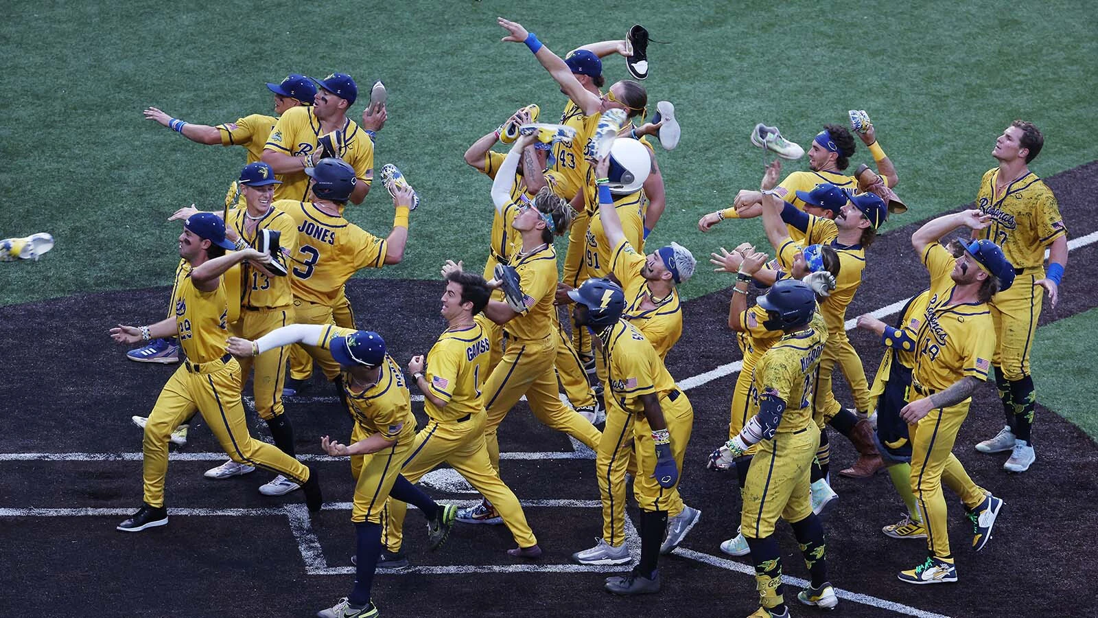 The Savannah Bananas throw their cleats during a dance routine against the Party Animals at Richmond County Bank Ball Park in 2023 in New York City.