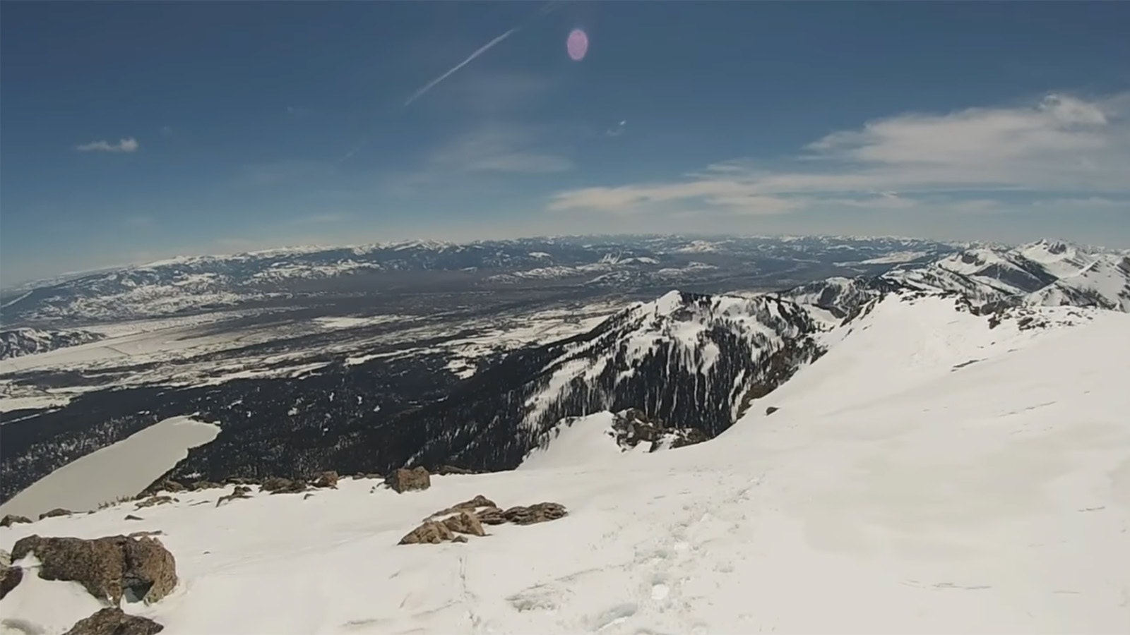 Looking down the Banana Couloir from atop Prospector's Mountain in the Grand Tetons.