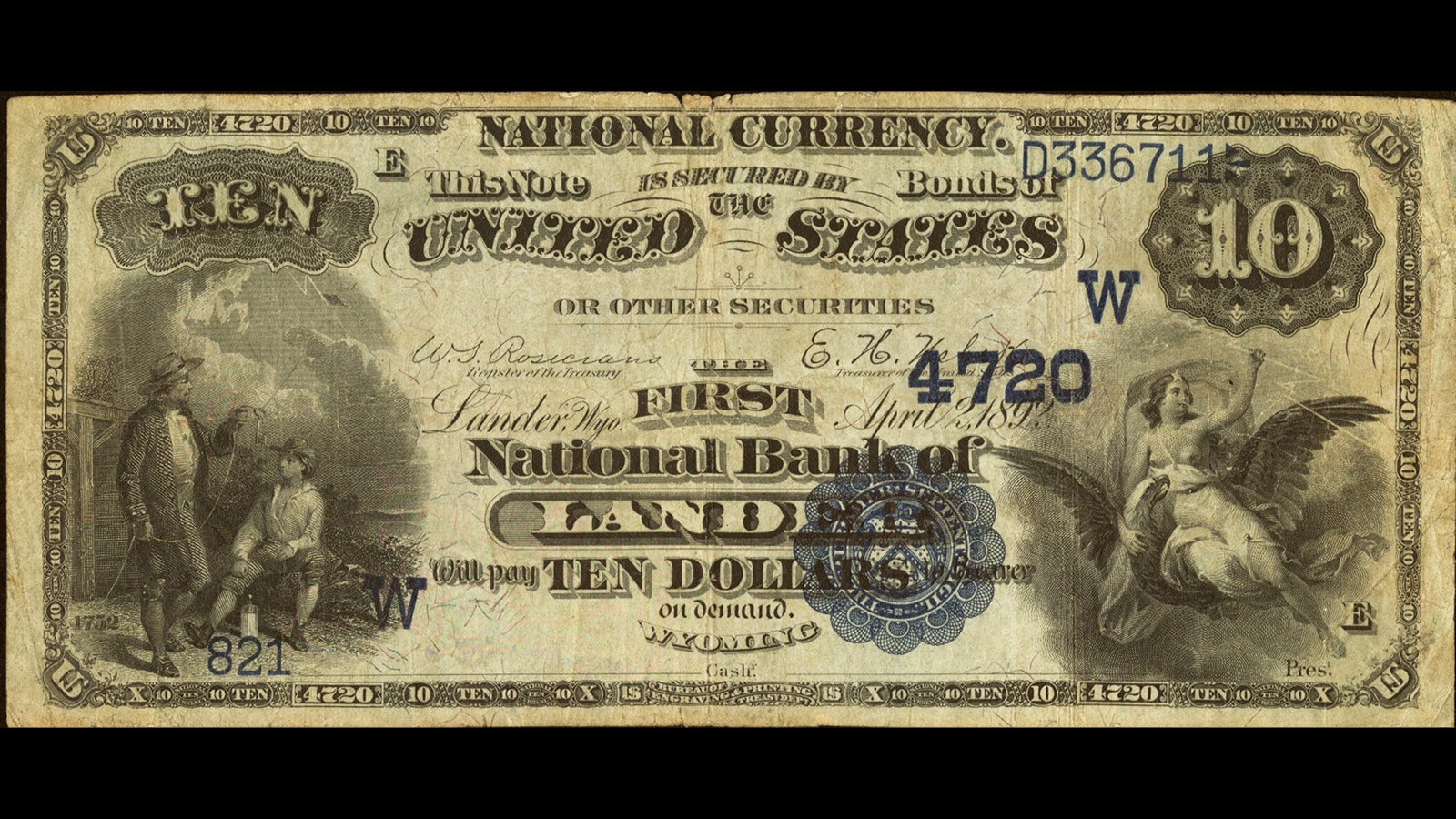 This unsigned bank note from the Wyoming Bank of Lander would have been as worthless as an unsigned travelers check when it was issued. Each bank note had to be signed by both the bank president and head cashier.