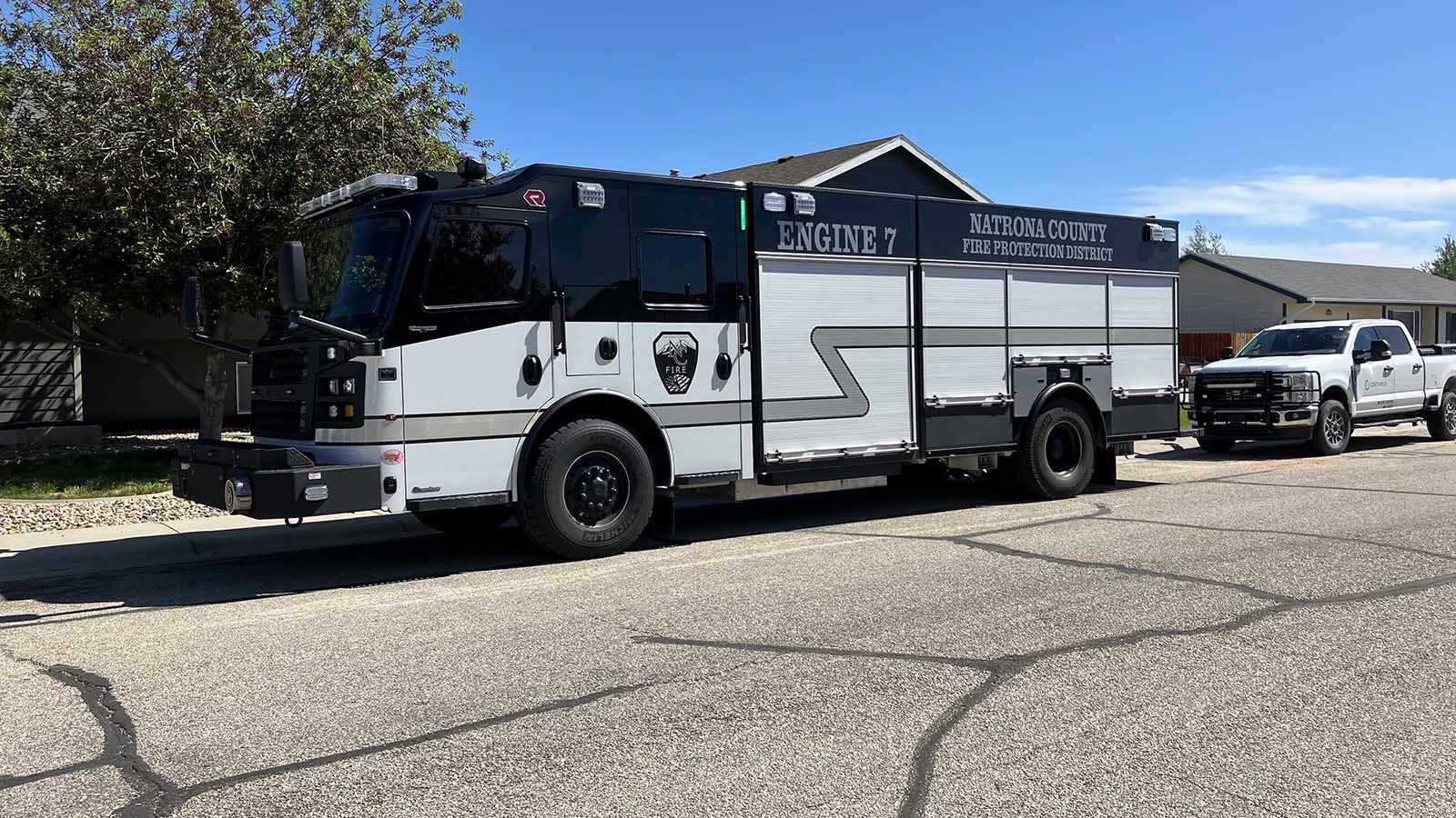 A Natrona County Fire District 1 truck sits outside the Mandan Trail residence on Friday morning.