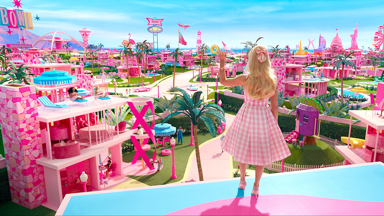 Barbie on the fantastically pink set of her movie.