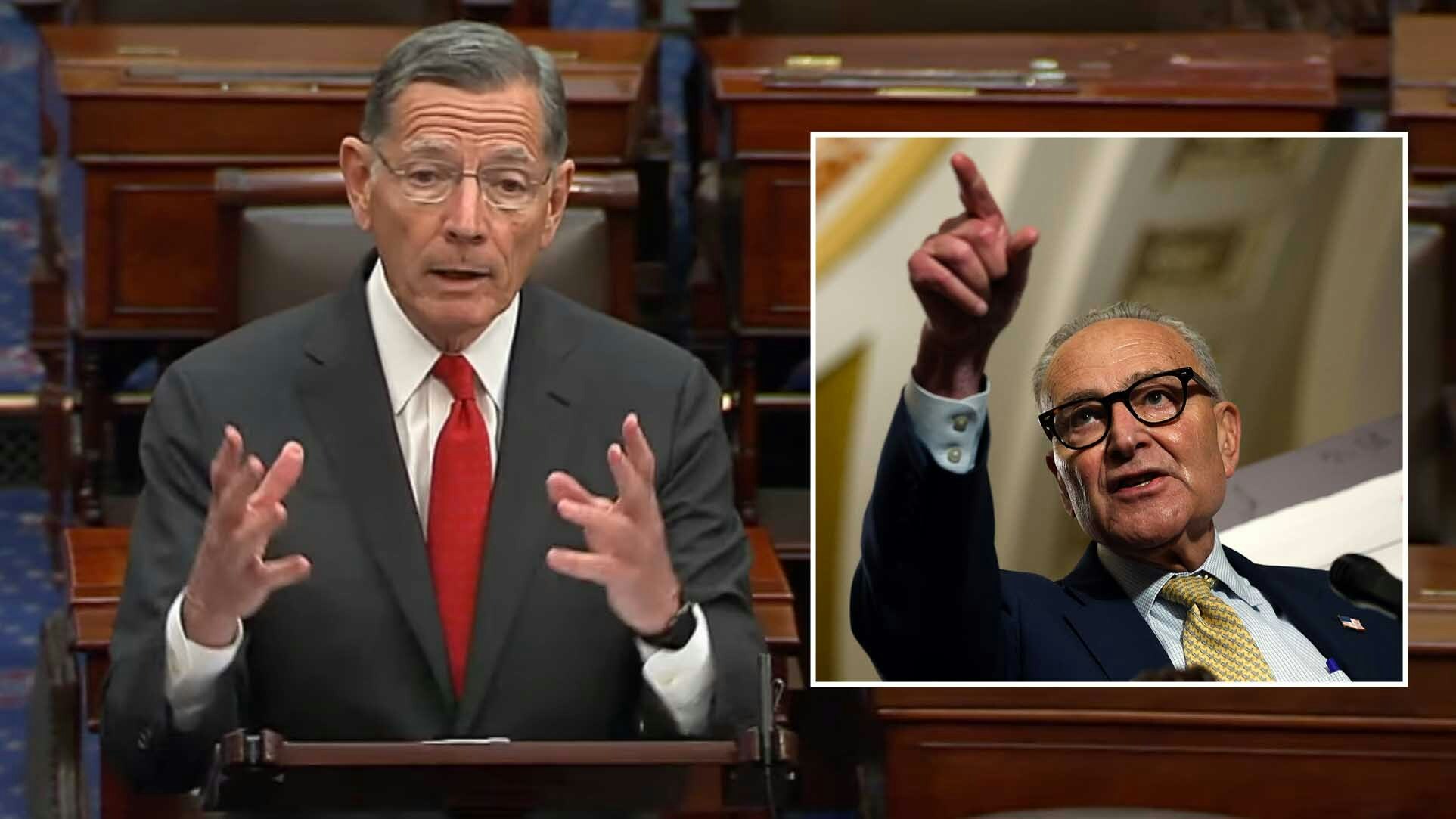 Wyoming Republican U.S. Sen. John Barrasso, left, called out Democratic Senate Leader Chuck Shumer, D-New York, on the Senate floor on Thursday, Sept. 11, 2025, over filibustering President Trump's nominees.