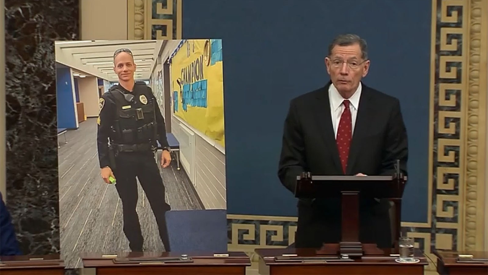 Sheridan Police Sgt. Nevada Krinkee, left, is honored on the floor of the U.S. Senate on Wednesday, May 15, 2024, by U.S. Sen. John Barrasso.